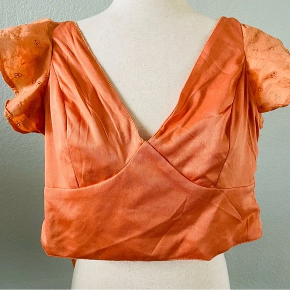 Japna Orange Eyelet Embroidered Vneck Ruffle Cap Sleeve Wrap Crop Top | Medium - Picture 7 of 7